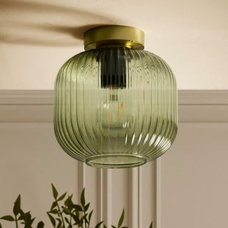 Jules Ribbed Glass Flush Feather & Black Ceiling Light - Green/Gold