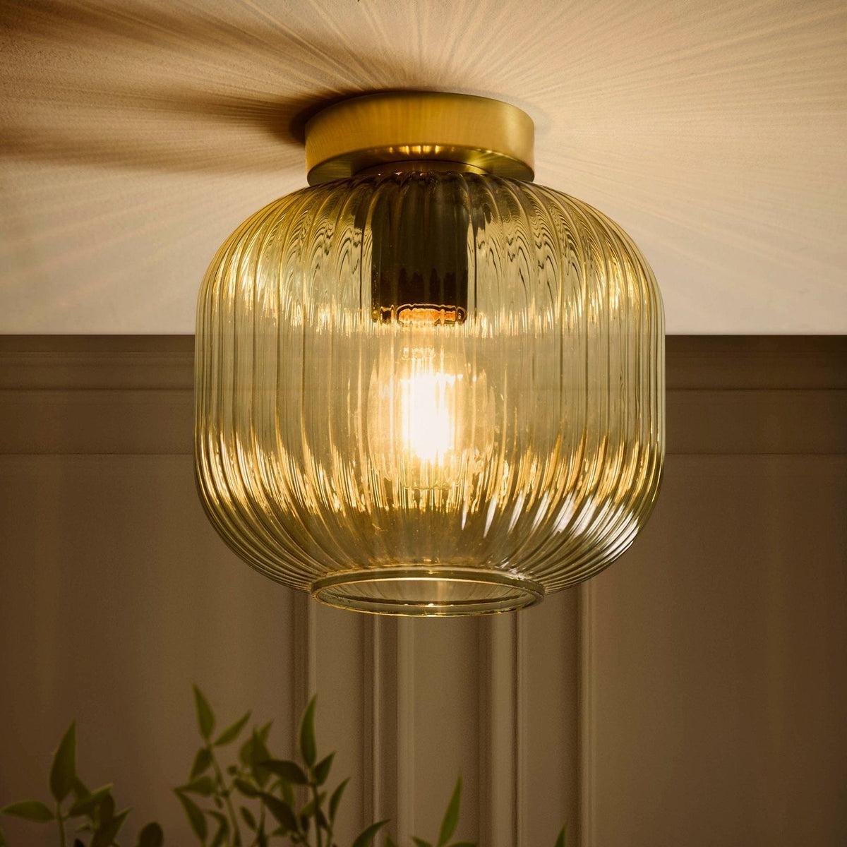 Jules Ribbed Glass Flush Feather & Black Ceiling Light - Green/Gold