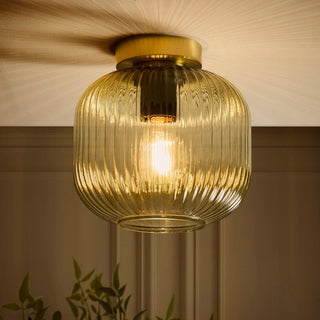 Jules Ribbed Glass Flush Feather & Black Ceiling Light - Green/Gold