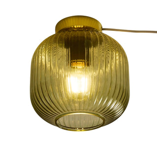 Jules Ribbed Glass Flush Feather & Black Ceiling Light - Green/Gold