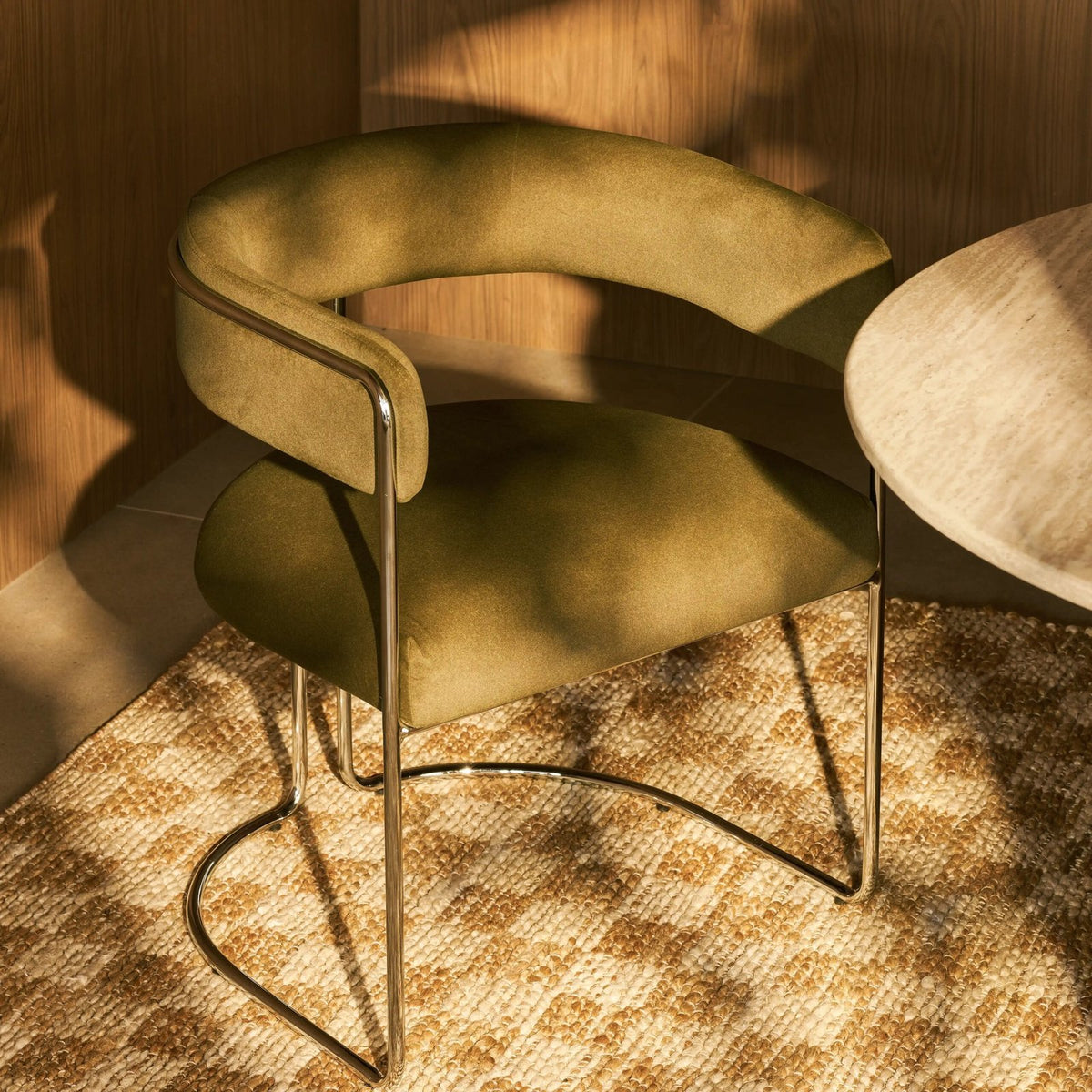 Juliana Carver Dining Chair | Moss Green Sustainable Mohair Velvet & Chrome – Laura Ashley