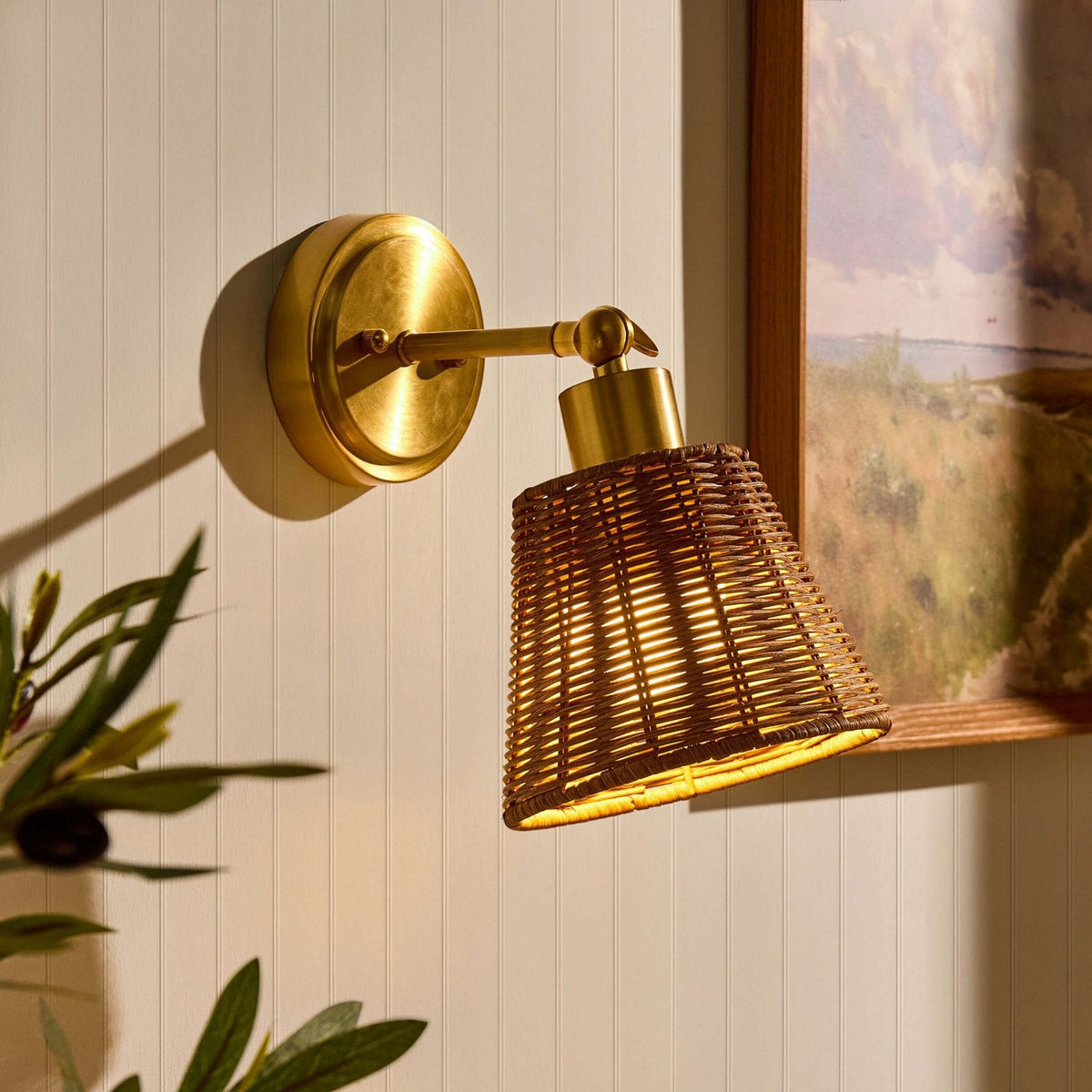 Kally Rechargeable Rattan Feather & Black Wall Light - Brass