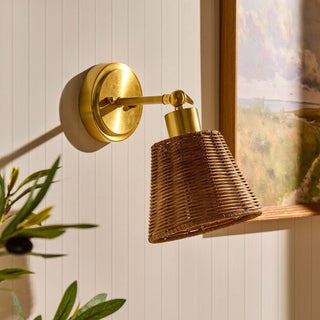 Kally Rechargeable Rattan Feather & Black Wall Light - Brass