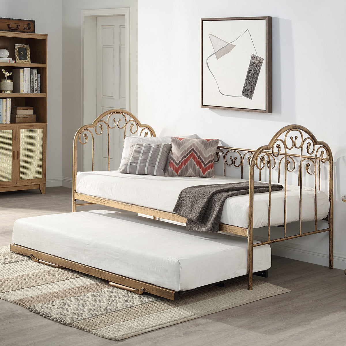 Knebworth Antique Brass Metal French Shabby Laura Ashley Chic Day Bed Frame with Guest Trundle
