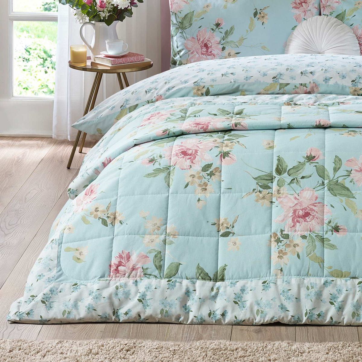 Laura Ashley Avebury Floral Bedspread - Duck Egg Blue