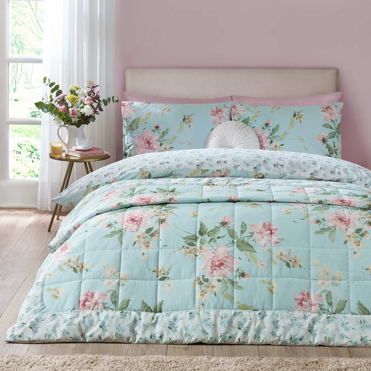 Laura Ashley Avebury Floral Bedspread - Duck Egg Blue