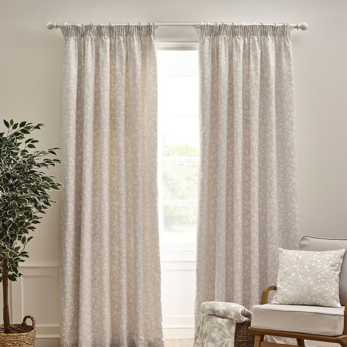 Laura Ashley Brooke Floral Pencil Pleat Curtains - Natural