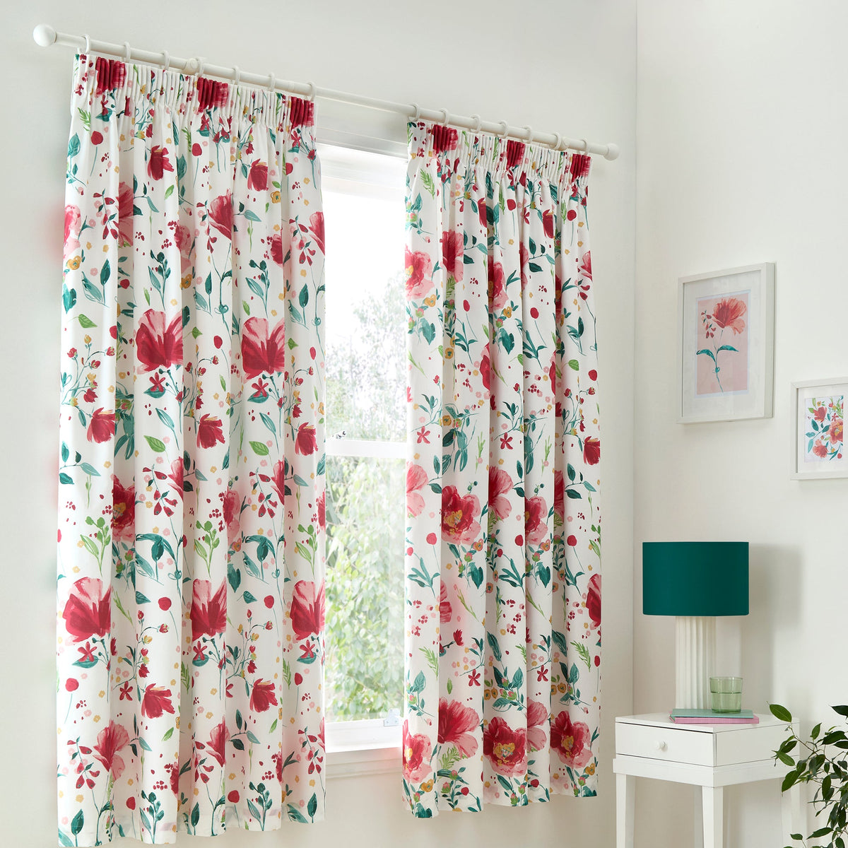Laura Ashley D & D Abstract Poppy Pencil Pleat Curtains - Red