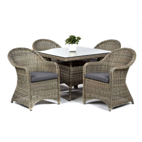 Laura Ashley Fiji Rattan Square 4 Seat Glass Dining Set with Free Dark Grey Cushions