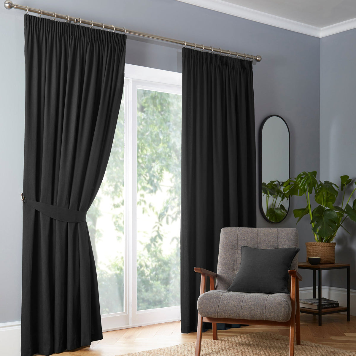 Laura Ashley Fusion Dijon Pencil Pleat Curtains  - Black