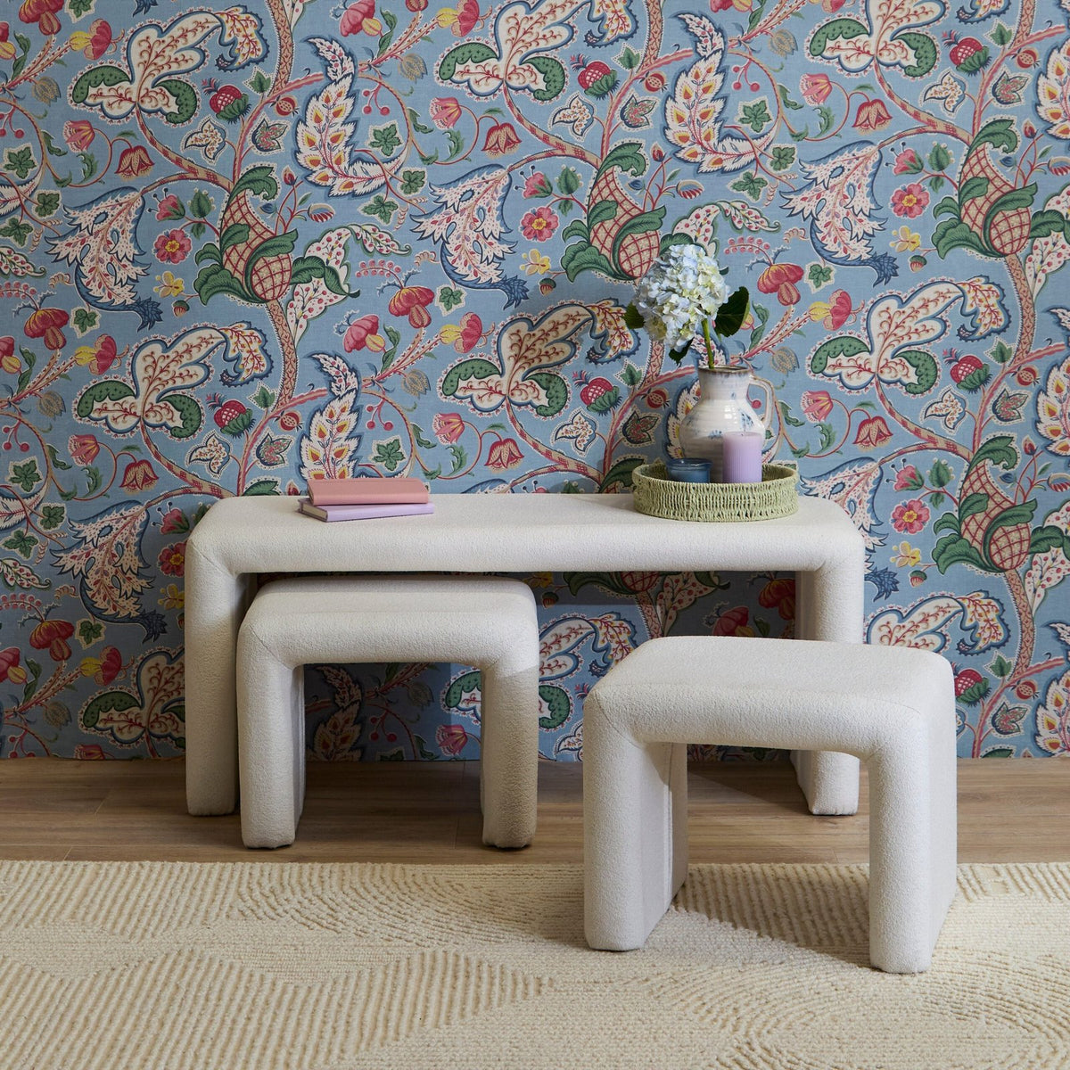 Laura Ashley Kamiko Nesting Bench & Stools - Chalk White Boucle