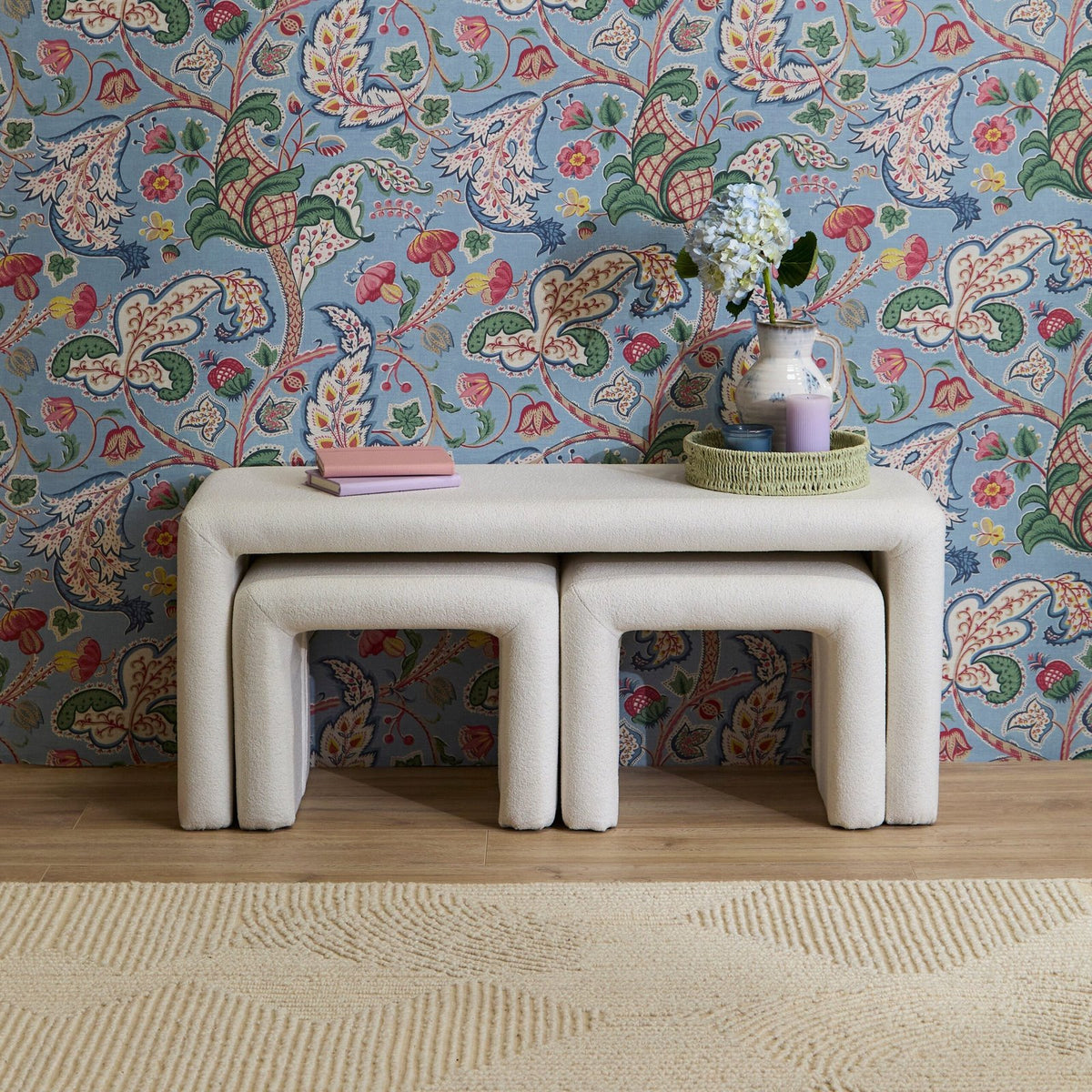 Laura Ashley Kamiko Nesting Bench & Stools - Chalk White Boucle