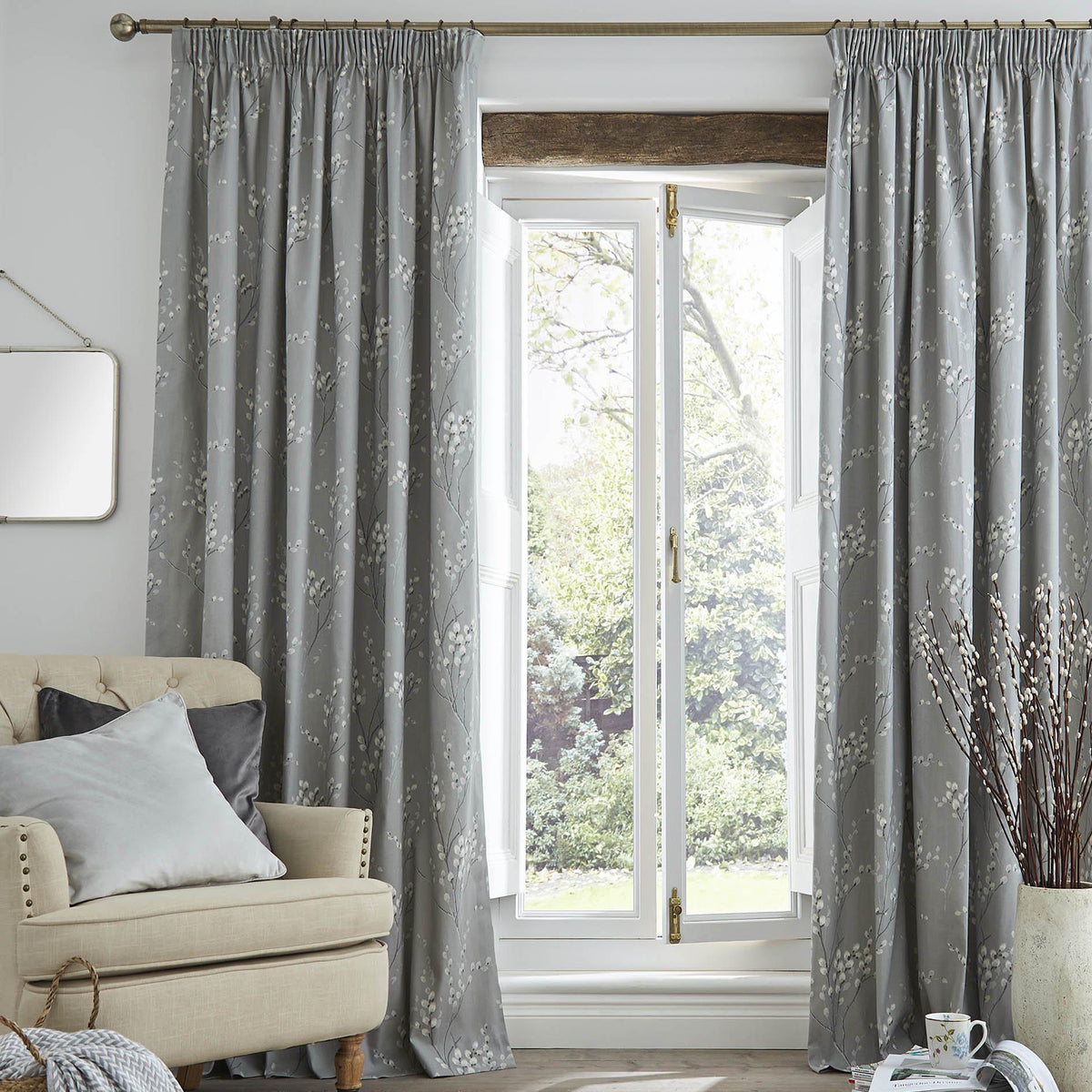 Laura Ashley Pussy Willow Pencil Pleat Curtains - Steel