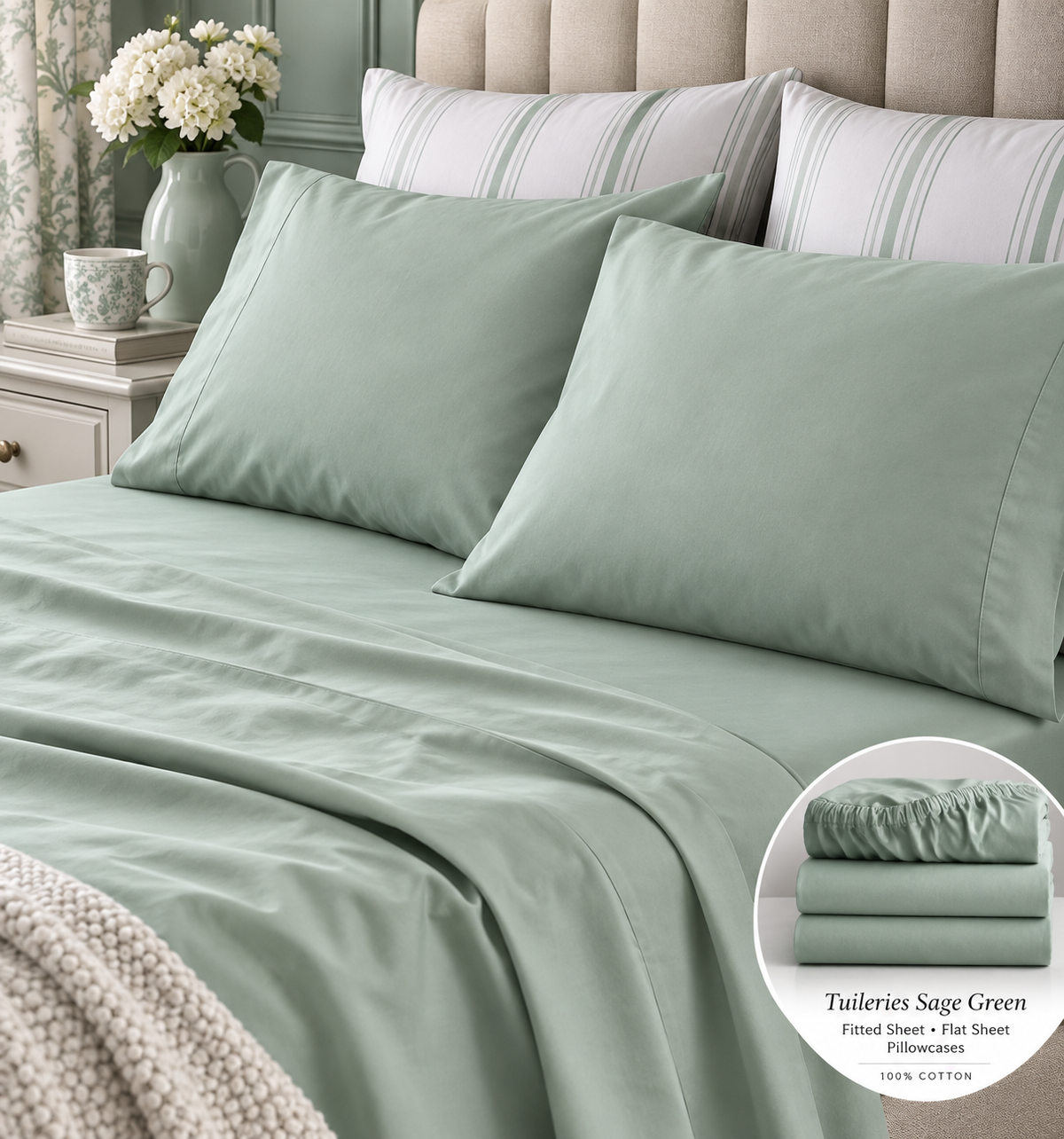 Laura Ashley Sage Green Pale Seaspray 400 Thread Count 100% Cotton Fitted Sheet