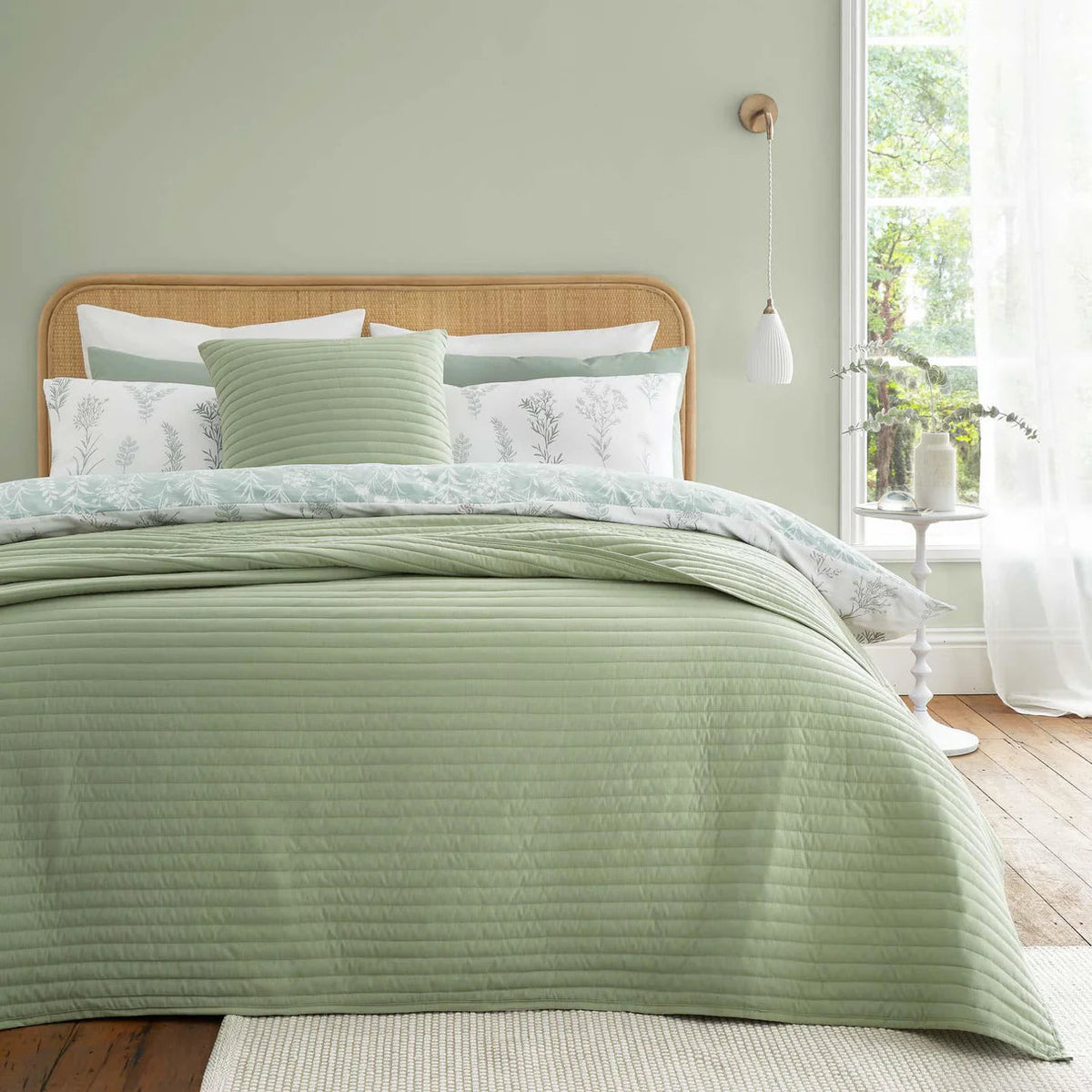 Laura Ashley UK Bianca Quilted Lines Bedspread - Sage Green