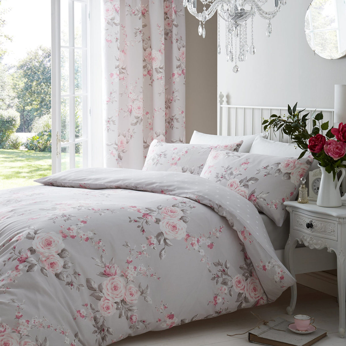 Laura Ashley UK Canterbury Floral Pencil Pleat Curtains - Grey