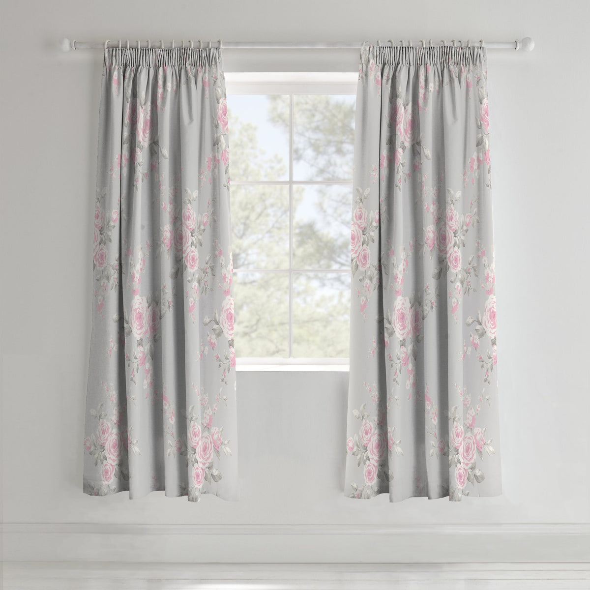 Laura Ashley UK Canterbury Floral Pencil Pleat Curtains - Grey