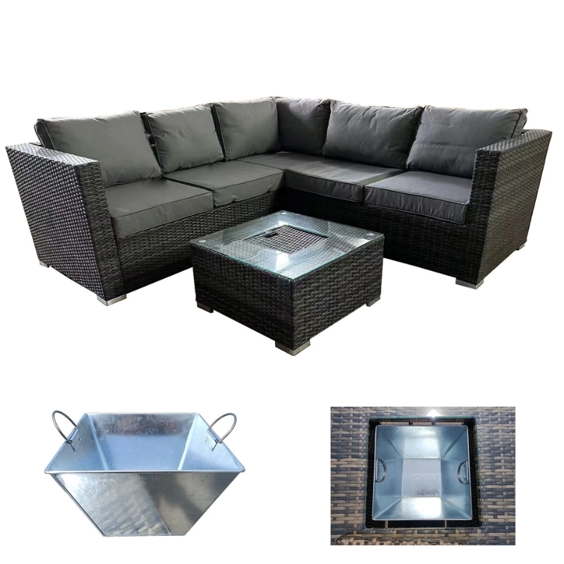 LauraAshley Grey Rattan Garden Furniture 5 Seat Corner Sofa & Ice Bucket Coffee Table Patio Set