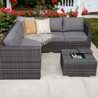 LauraAshley Grey Rattan Garden Furniture 5 Seat Corner Sofa & Ice Bucket Coffee Table Patio Set
