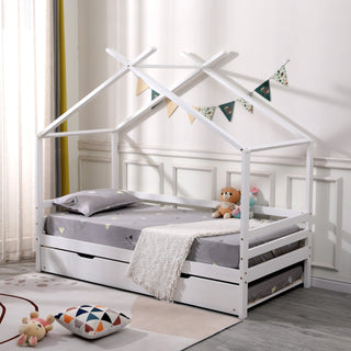 LauraAshley Teddy Kids Wooden House Treehouse Single Bed Frame with Guest Trundle in White