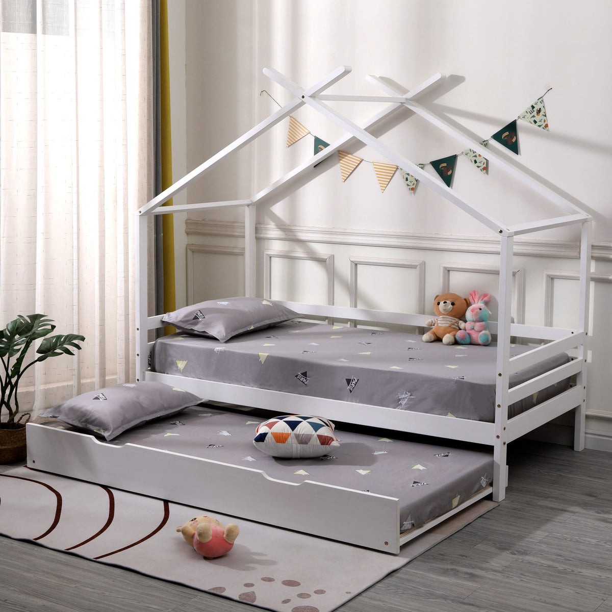 LauraAshley Teddy Kids Wooden House Treehouse Single Bed Frame with Guest Trundle in White