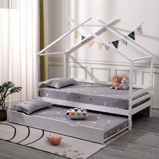 LauraAshley Teddy Kids Wooden House Treehouse Single Bed Frame with Guest Trundle in White