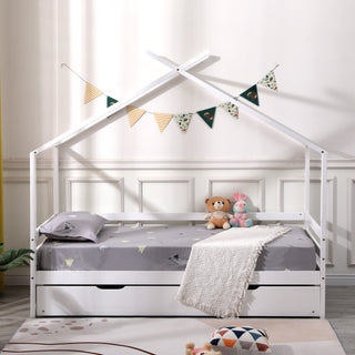 LauraAshley Teddy Kids Wooden House Treehouse Single Bed Frame with Guest Trundle in White