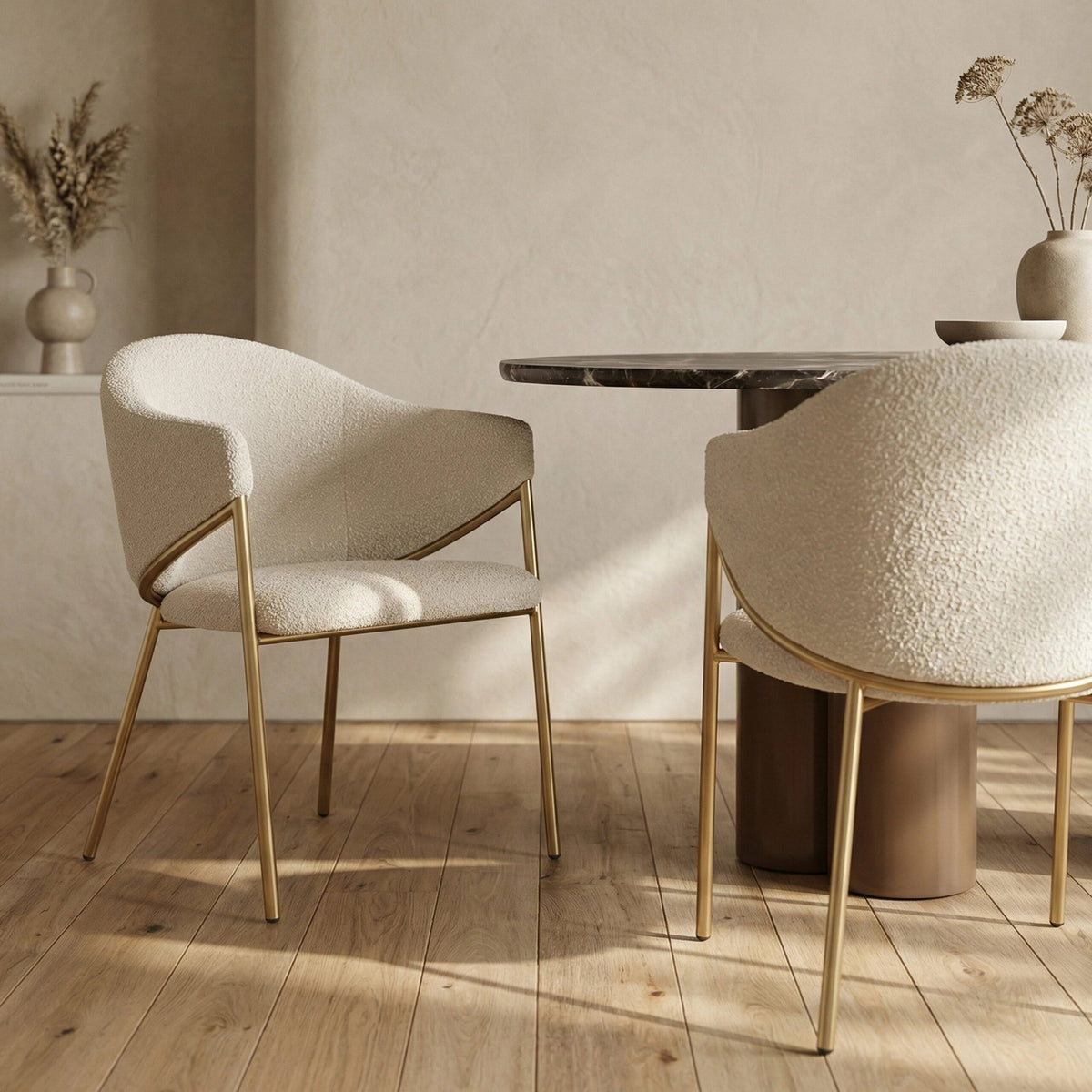 Luca Carver Dining Chair | Speckled Stone Sustainable Boucle & Brass – Laura Ashley UK