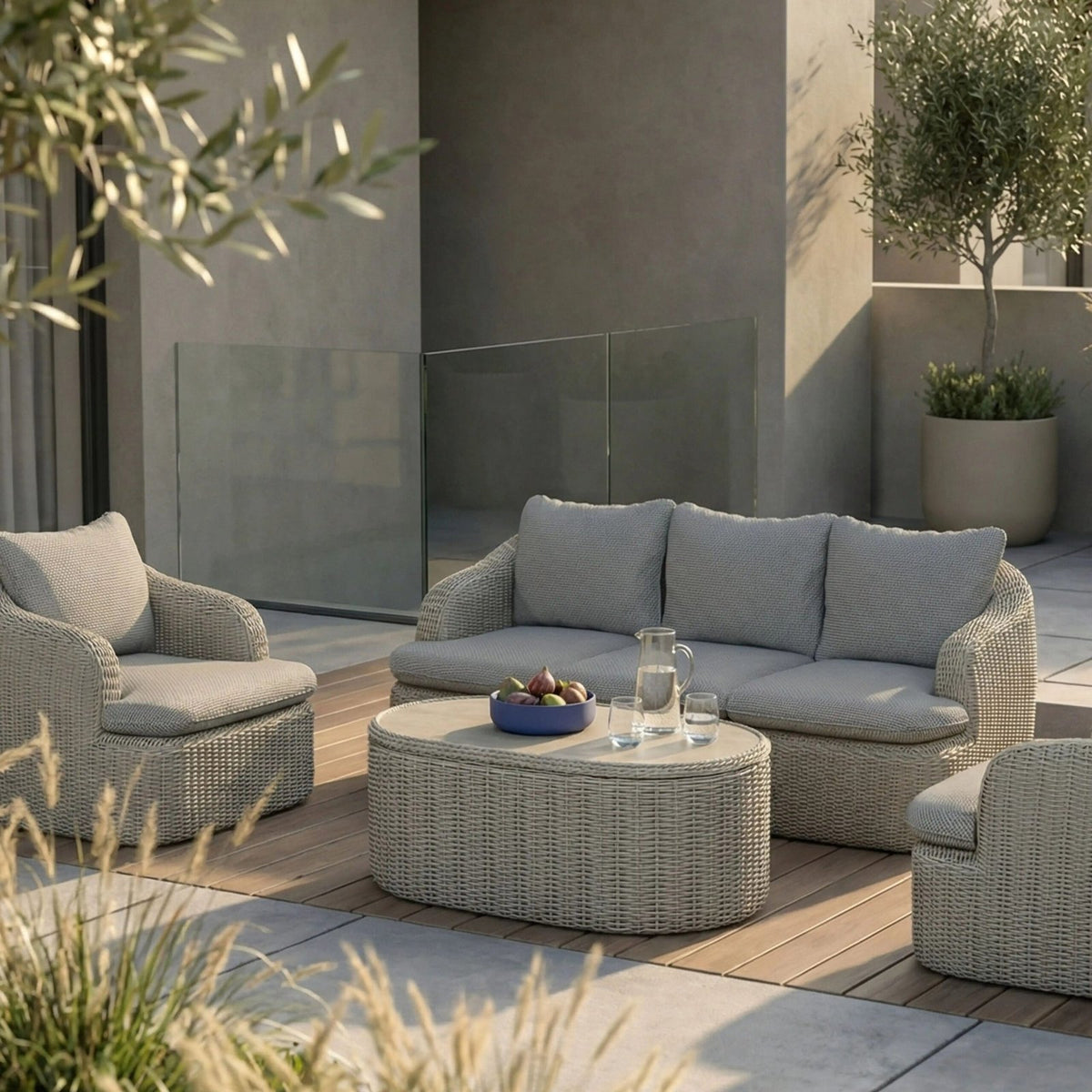 Lucia Garden Sofa Set | Dove Laura Ashley Grey Pattern Fabric & Putty Grey Rattan