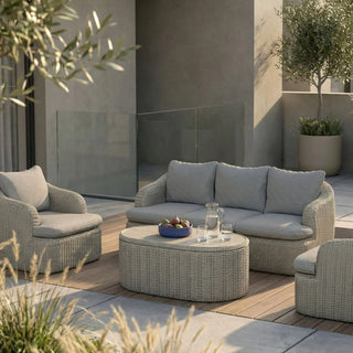 Lucia Garden Sofa Set | Dove Laura Ashley Grey Pattern Fabric & Putty Grey Rattan