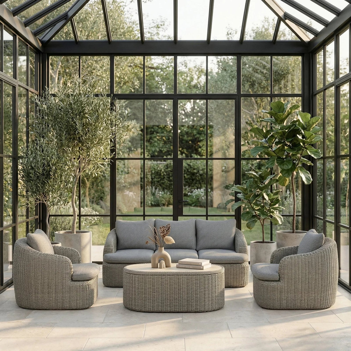 Lucia Garden Sofa Set | Dove Laura Ashley Grey Pattern Fabric & Putty Grey Rattan