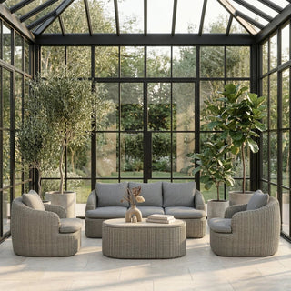 Lucia Garden Sofa Set | Dove Laura Ashley Grey Pattern Fabric & Putty Grey Rattan