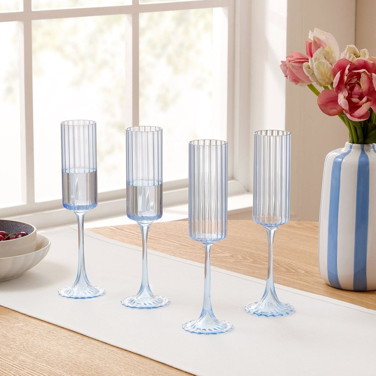 Lucinda Scalloped Edge Glass Flutes - Set of 4 - Blue – Black & Feather