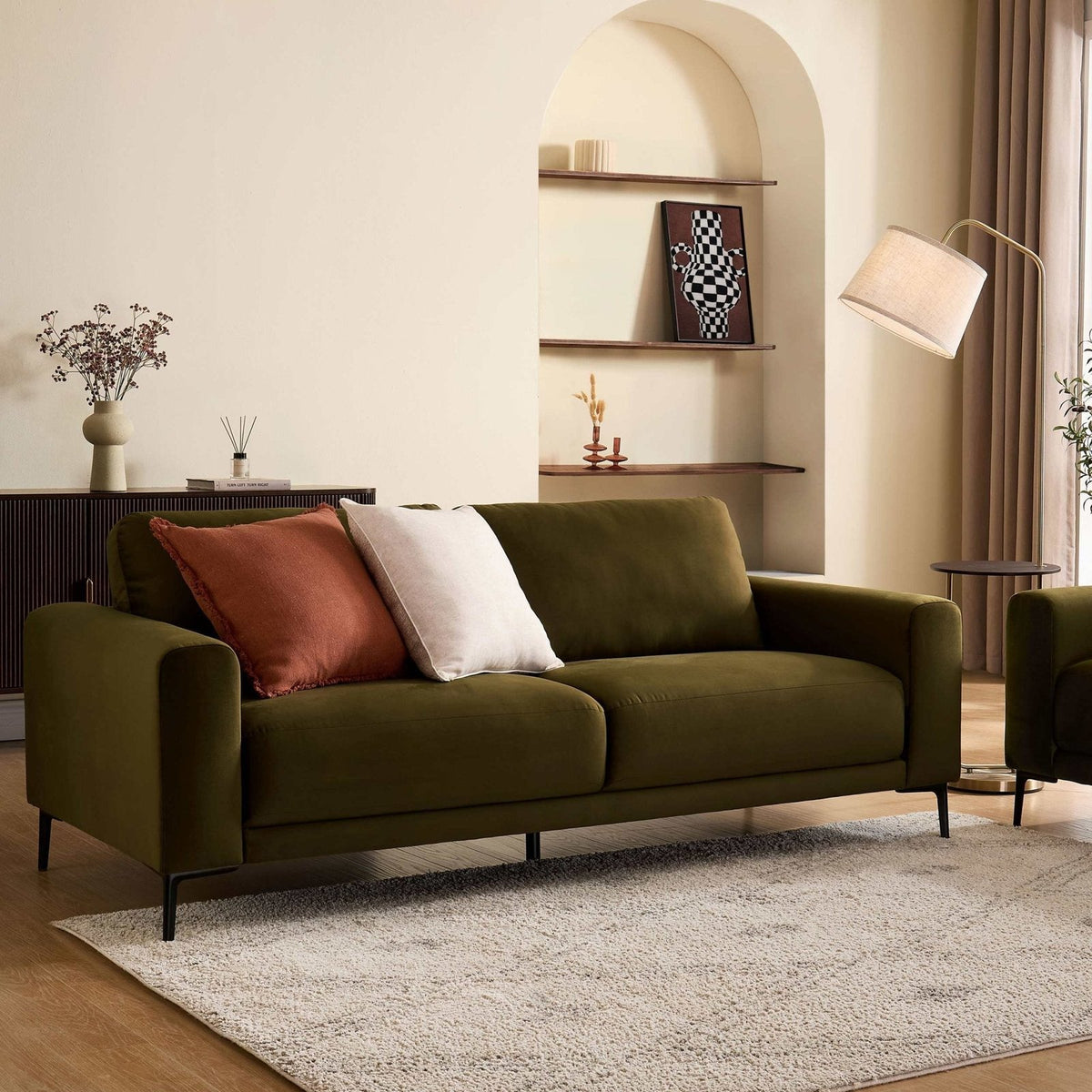 Malibu 3 Seater Black & Feather Sofa - Rich Green