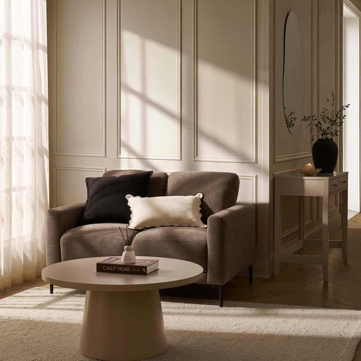 Malibu Small 2 Seater Black & Feather Sofa - Chenille Mushroom