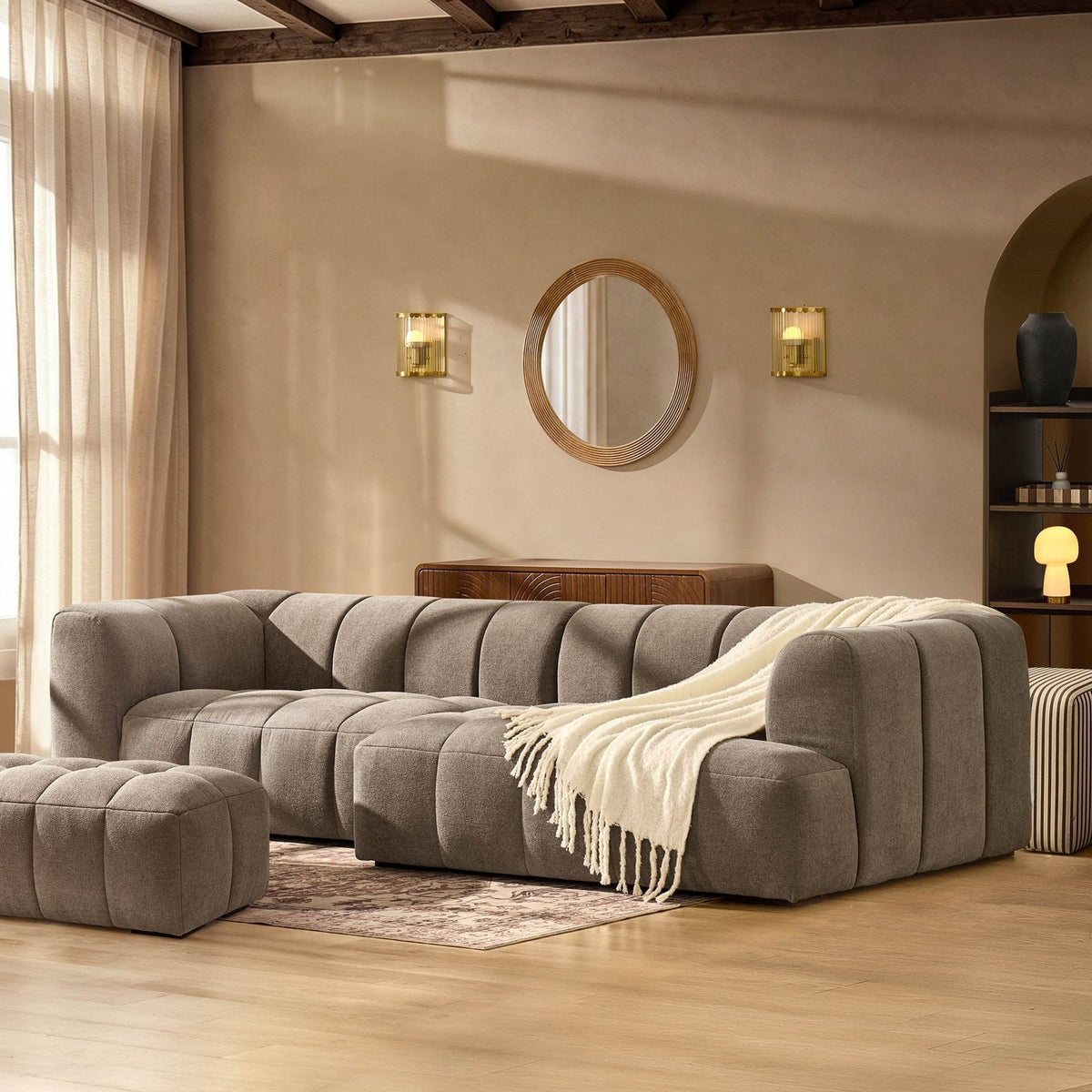 Manhattan Right Hand Chaise Feather & Black Sofa - Chenille Mushroom