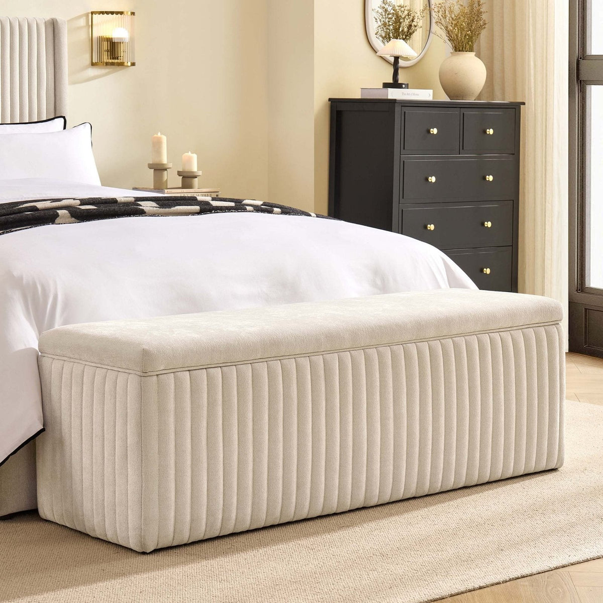 Melrose Ribbed Ottoman Storage Bench - Chenille Ivory – Black & Feather