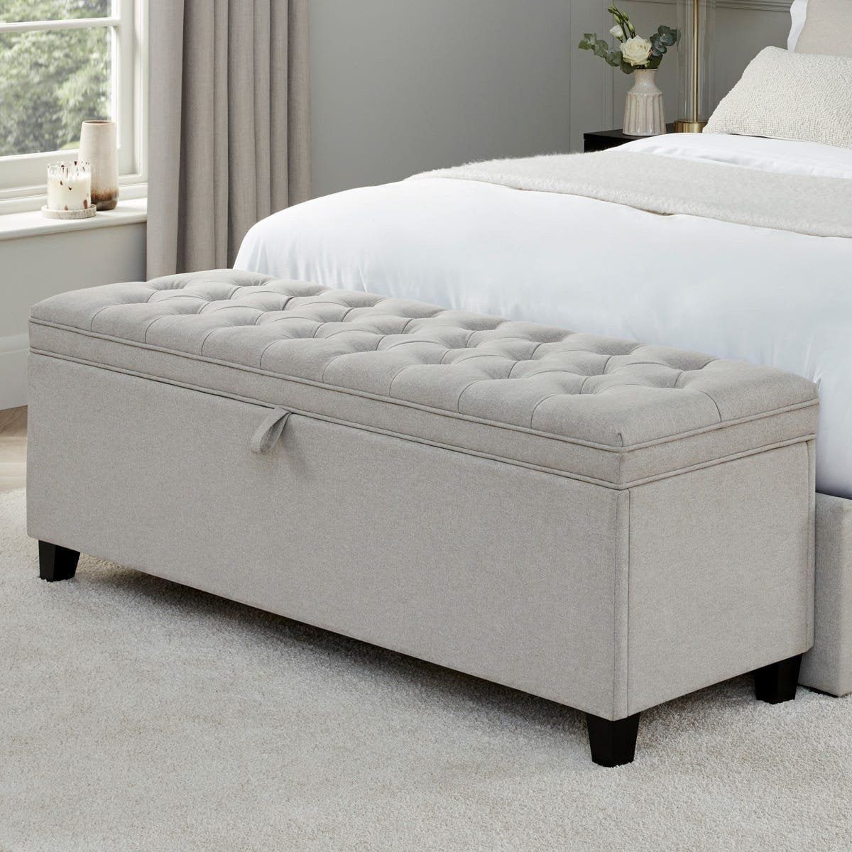 Middleton Button Back Feather & Black Storage Ottoman - Natural