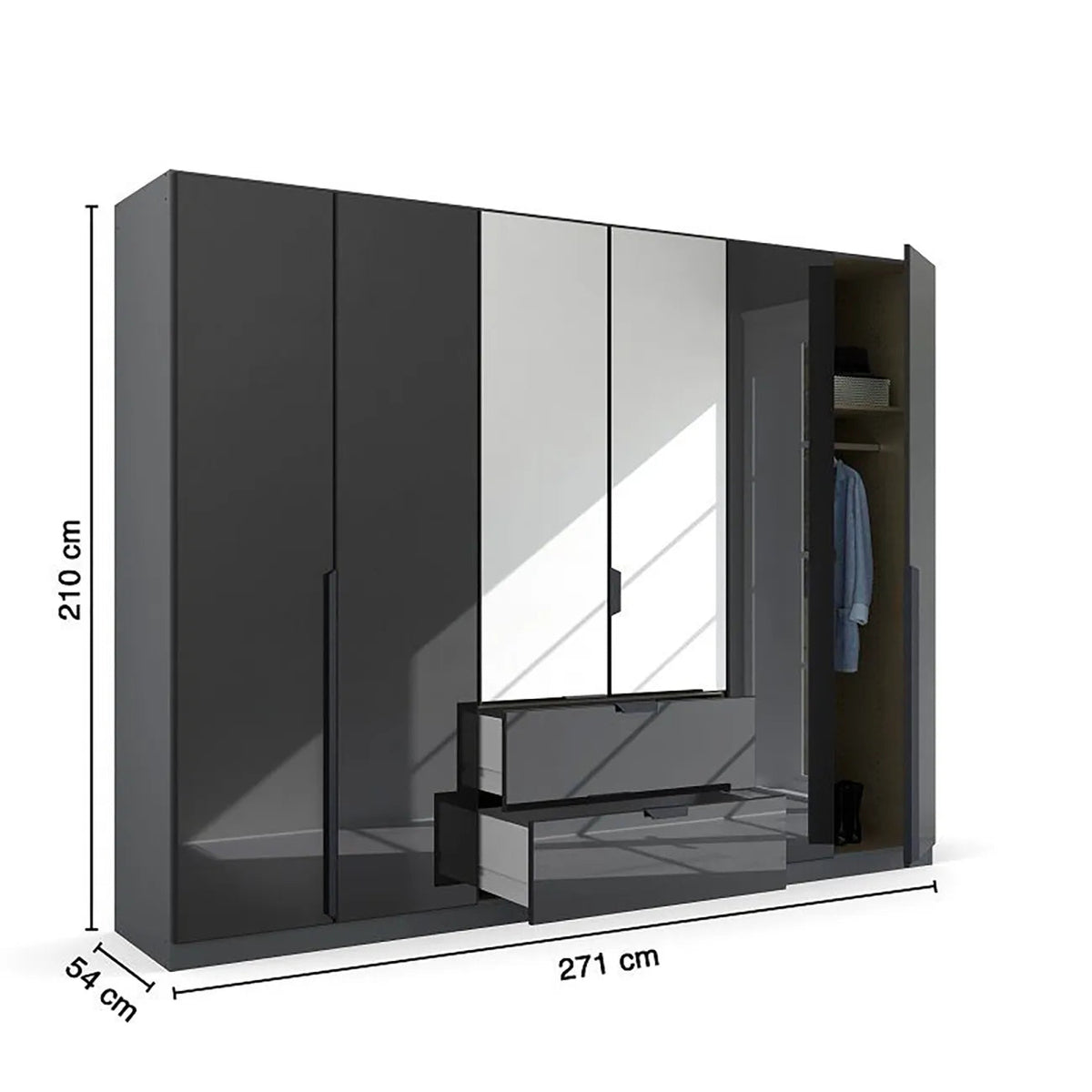 Mulheim 6 Door Basalt Glass Laura & Ashley Wardrobe with Mirror and Drawers