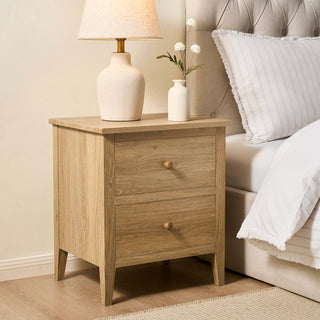 Nell 2 Drawer Bedside Feather & Black Table - Light Wood