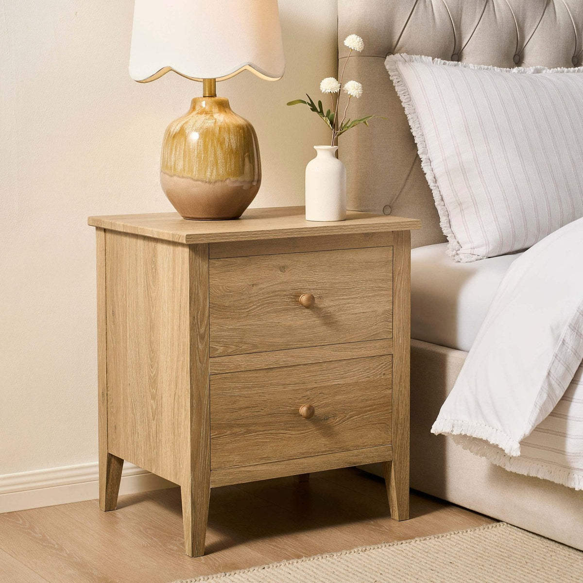 Nell 2 Drawer Bedside Feather & Black Table - Light Wood