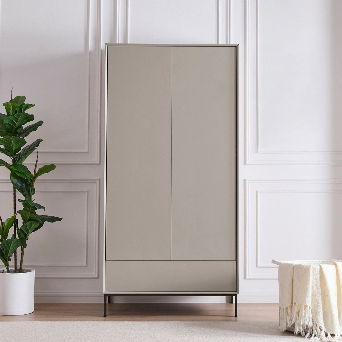 Nova 2 Door Wardrobe Feather & Black with Drawer  - Taupe