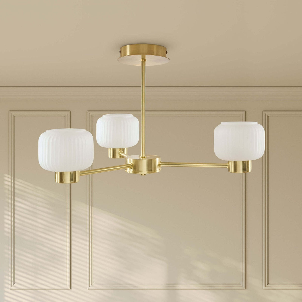 Octavia Ribbed Glass 3 Black & Feather Light Chandelier - Brass