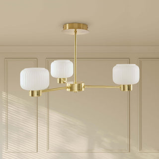Octavia Ribbed Glass 3 Black & Feather Light Chandelier - Brass