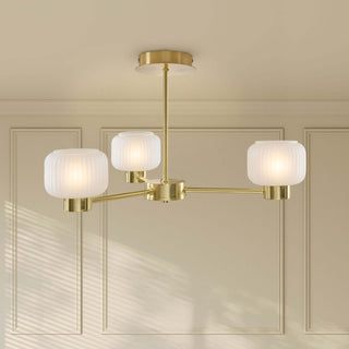Octavia Ribbed Glass 3 Black & Feather Light Chandelier - Brass