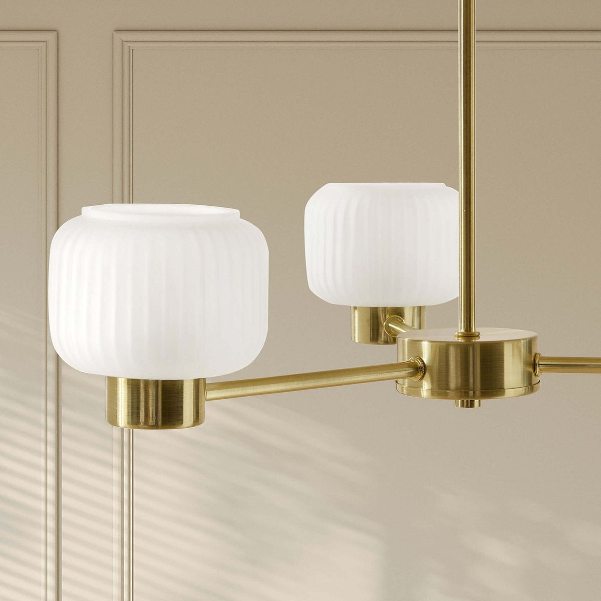 Octavia Ribbed Glass 3 Black & Feather Light Chandelier - Brass