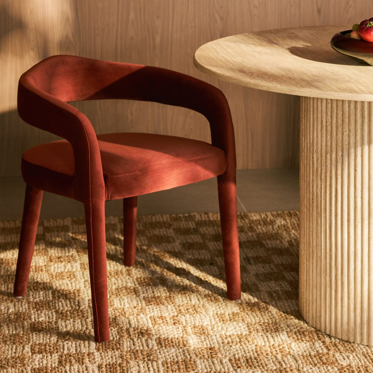 Ophelia Carver Dining Chair Laura Ashley UK | Rust Red Sustainable Velvet