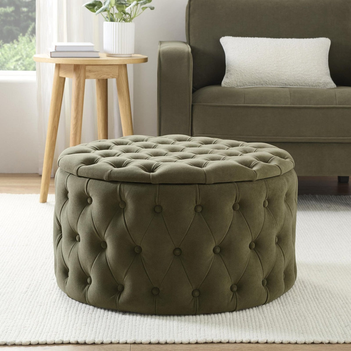 Paisley Buttoned Round Storage Pouffe - Olive – Black & Feather