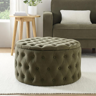 Paisley Buttoned Round Storage Pouffe - Olive – Black & Feather