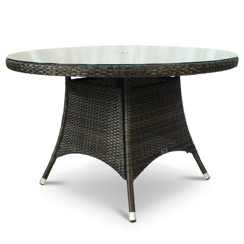 Phuket Rattan Round 4 Seat Dining Set with Armchairs and Dark Grey Cushions – Laura Ashley